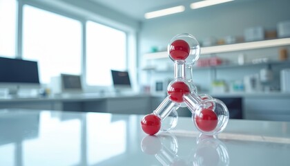 Molecular structure model displayed on white desk in lab. Research of molecules, compounds concept. Educational material for chemistry class. Structural analysis in bright modern science classroom