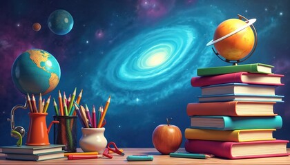 Naklejka premium Cosmic back to school concept. Planets, galaxy, study items on table. School supplies, books, globes for education theme. Universe learning tools for students in class. Studying background for school.