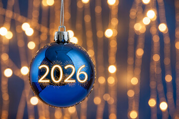 A glittery Christmas bauble hanging on a dark blue background. Gold numbers, text, and firework sparks are surrounded by warm, blurred garlands.