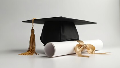 Graduation cap, diploma laying on bright surface. Mortarboard academic success. Ceremony completion photo represents education milestone achievement. Diploma tied with ribbon for awarding. University