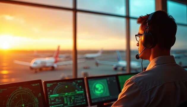 Air traffic controller monitors screens in airport control tower during sunset. Pro works managing flights, plane departures, arrivals at airfield. Modern technology assists with airspace navigation,