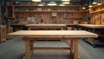 Clean empty wood workshop interior with sturdy work benches, assorted tools organized on wall shelves. Bright, functional space awaits new craft, carpentry, renovation projects. Fully ready for