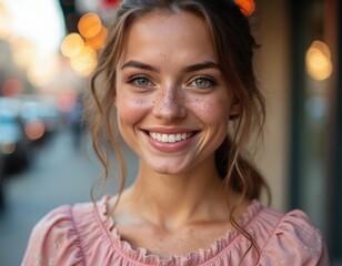 Obraz premium Close up portrait of young freckled woman. Blond girl smiles in sunlight outdoors. Pretty face with positive emotions. Natural beauty with clear healthy skin. Girl in pink floral blouse.