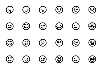 Emotions icon set. Vector emoji pack with shocked, smile, angry, happy, sad, cute, excited and more expressions. Editable thin line illustrations.