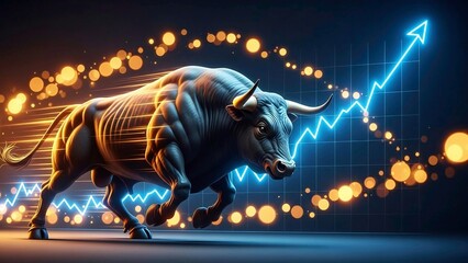 Financial success symbol, elegant bull, smooth chart curves