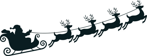 Fototapeta premium Classic dark silhouette of Santa Claus in a sleigh with his five reindeer pulling him across the sky