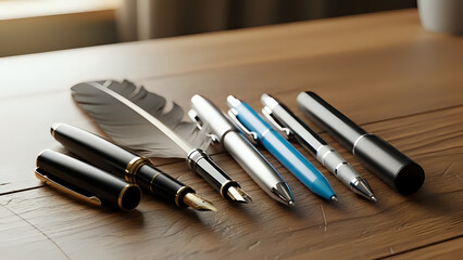 Collection of luxury pens and quill on wooden desk for writing