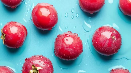 Fresh red tomatoes rolling across blue surface with water droplets in slow motion - Powered by Adobe