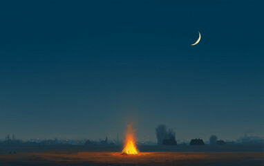 Minimalist night bonfire under crescent moon in open field, calm serene landscape with glowing embers, dreamy background for posters, book covers, banners and wallpapers