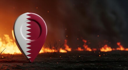 Qatar flag pin on fire background with flames and smoke