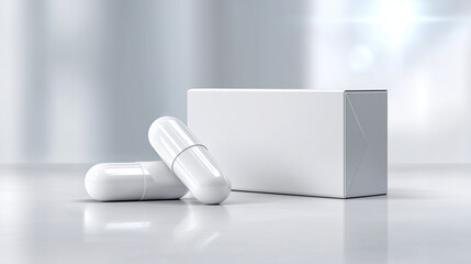 White medicine capsules with blank cardboard box mockup on clean background, pharmaceutical packaging template for branding, label design and advertising