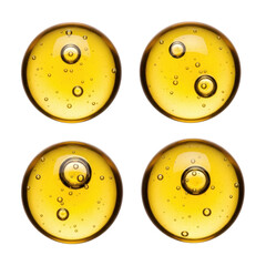 Fototapeta premium Four perfectly round, glossy, transparent, viscous golden yellow liquid drops with air bubbles, isolated on a transparent background with copy space, concept for high-end cosmetic or food