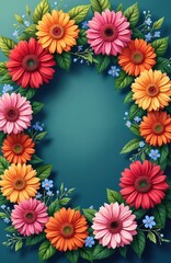 Floral wreath illustration composed with gerbera daisies leaves and small blue flowers. Flower arrangement creates a circle frame design for wedding invitations greeting cards posters.