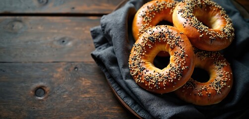 Top view fresh bagels with sesame seeds on wood table. Bakery product on grey towel looks tasty. Good for breakfast or snack. Golden baked buns are displayed.
