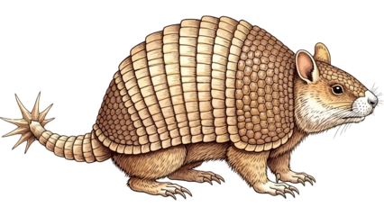 Detailed illustration of a nine-banded armadillo with segmented armor and spiky tail