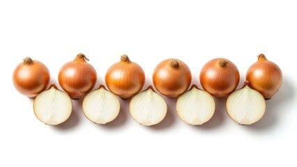Several whole and halved brown onions aligned on a white surface