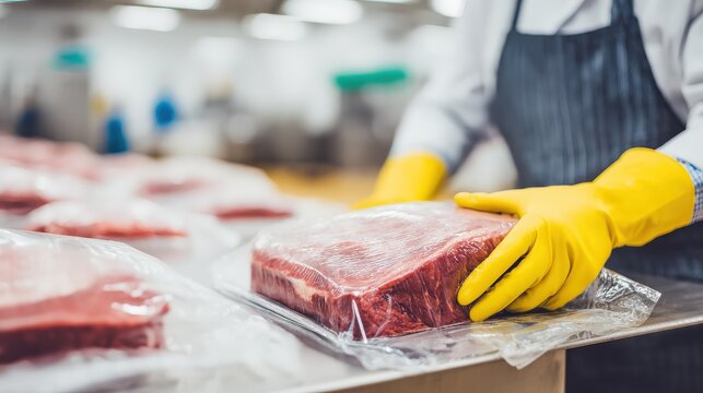 A person in yellow gloves handles vacuum-sealed meat packages in a professional kitchen or food processing environment.