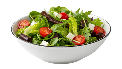 A white bowl filled with mixed greens salad and tomatoes isolated on transparent background