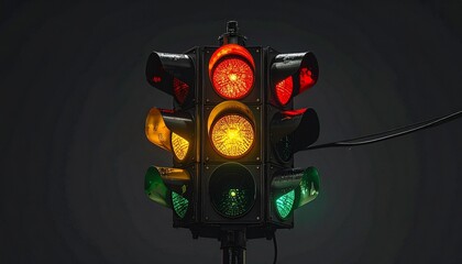 Grid of glowing traffic lights—red, yellow, green—illuminated against a dark backdrop in a surreal pattern.