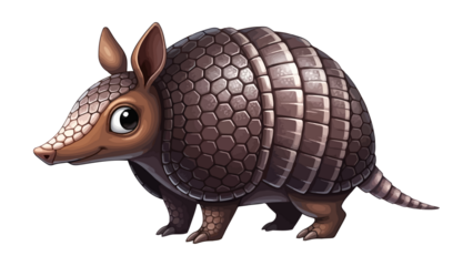 Cute cartoon armadillo with armored shell and big eyes, isolated on white background