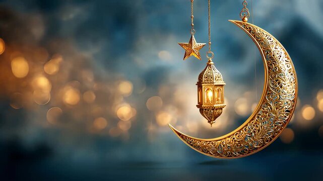 Ornate gold crescent moon and lantern symbolize ramadan and eid celebrations