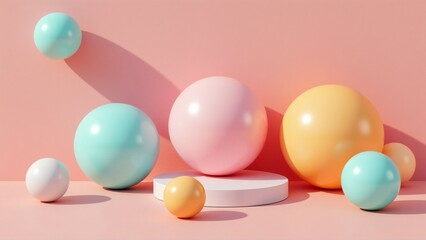 group colorful spheres pink background six spheres total three which pink one yellow one light blue spheres arranged scattered manner one sphere center two either side background gradient pink peach