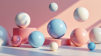 group spherical objects pink white background nine spheres total arranged scattered manner spheres different sizes colors including white pink blue light blue spheres mid air while others floating