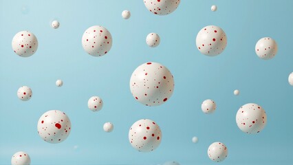 group white spheres floating light blue sky spheres different sizes shapes being larger others smaller covered small red dots which scattered across surface spheres background gradient light blue