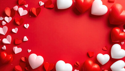 Romantic concept for Valentine's Day, red, white and pink hearts forming a frame on the red background. Top view with ample space for text.