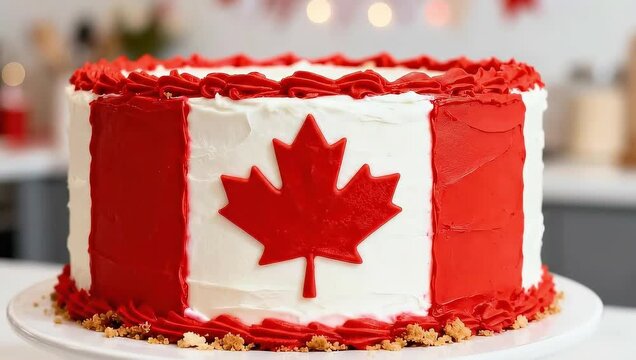 Celebration cakes with Canadian flag design for national holiday event in kitchen setting