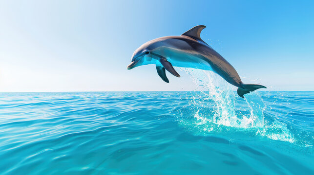 Dolphin jumping out of clear blue ocean water under bright sunny sky with sparkling splash and calm sea surface