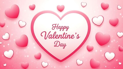 Beautiful pink and white heart design template features a large central heart shape with vibrant text proclaiming happy valentine's day surrounded by numerous smaller floating hearts against a sparkli