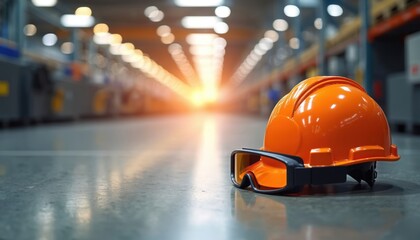 Orange safety helmet, goggles rest on factory floor, industrial safety. Gear protects workers in warehouse environment against workplace hazards. Essential personal protective equipment for