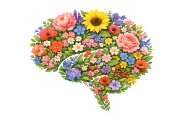 Human brain forming from abundant colorful flowers and green leaves symbolizing mental health and creative growth