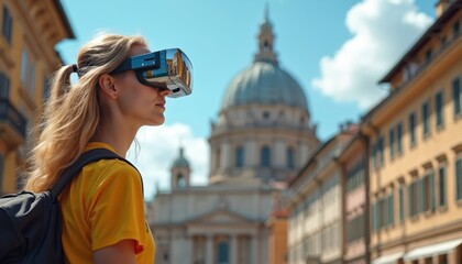 Blonde woman with VR glasses exploring city. Tourist using augmented reality glasses. Future travel concept. Virtual experience of urban landscape. Innovative tech for vacation planning, sightseeing.