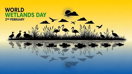 Vibrant sunset sky background for a wetlands celebration graphic with detailed bird shadows and marsh grass water reflections.