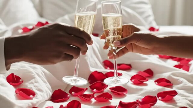 african american couple hands holding champagne glasses in bed with red rose petals. romantic valentine's day celebration. love and honeymoon concept. greeting card, social media post.