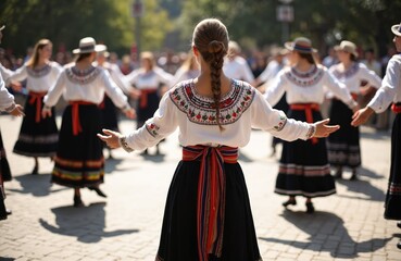 Obraz premium People wear traditional Romanian folk costumes, dance in circle outdoors. Women wear embroidered shirts, black skirts, men wear similar attire. Lively cultural dance performance takes place during