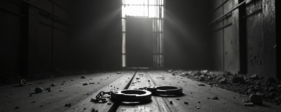 Broken handcuffs lie on the floor of a dark prison cell. Light streams through a barred door revealing debris scattered across the planks. The scene implies escape or release from confinement.