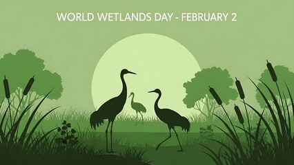 Artistic environmental banner for February 2nd displaying crane silhouettes in a layered green swamp habitat with a glowing sun.
