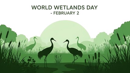 Monochromatic green nature poster celebrating World Wetlands Day with herons, marsh grass, and trees depicted in artistic black silhouettes.