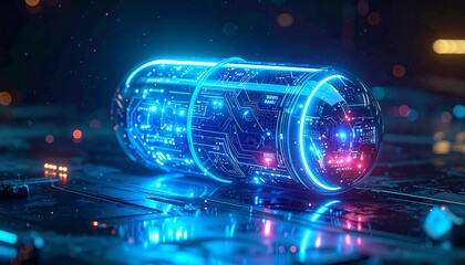 Futuristic glowing capsule with embedded circuitry, radiating neon blue and pink light on reflective surface.