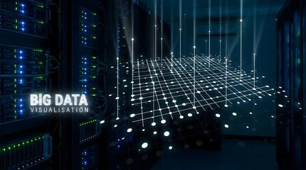 Digital big data visualization in server room,abstract data flow,AI network analysis,modern information technology