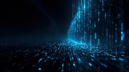 A futuristic digital landscape with cascading blue binary code, creating a sense of depth and movement in a dark environment.