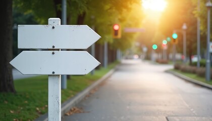 Blank directional signpost points in two directions. Road traffic signal lights show directions. Sign shows empty space for text. Guidance, choice, travel through urban area. Concept of decision