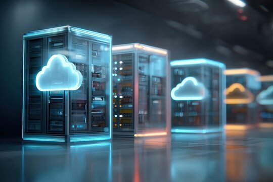 Futuristic data servers illuminated in blue and orange, showcasing cloud technology in a sleek, modern environment.