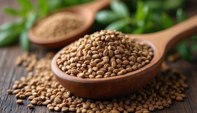 Close photo of brown ajwain seeds in wooden spoons. Herbal spices for cooking are displayed on wooden table. Food ingredient for healthy eating. Seeds are good for digestion.
