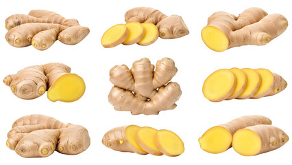 Fresh ginger root slices isolated on transparent background