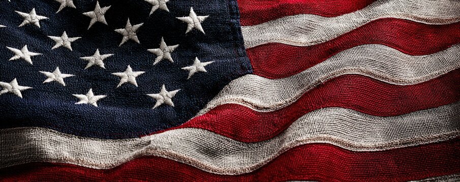 A close-up view of the American flag, showcasing its iconic red, white, and blue colors and stars, with a textured, flowing appearance.