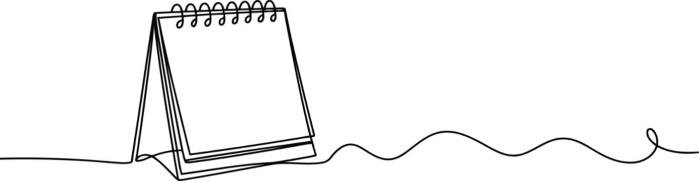 Simple continuous line drawing of a freestanding desk calendar with blank pages for planning